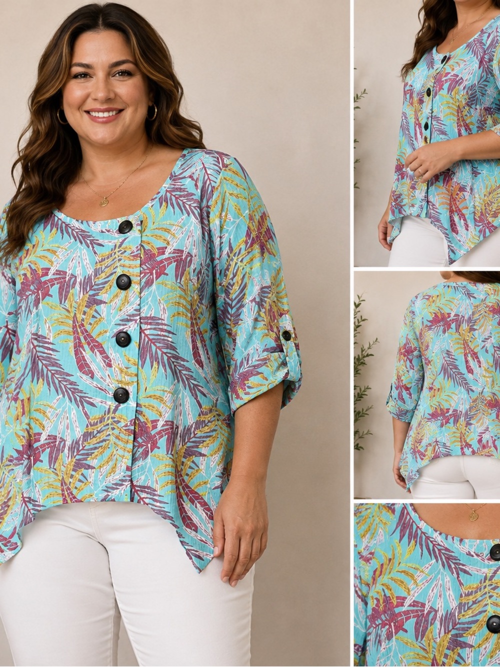 Coral Bay Turquoise Tropical Button-Front Blouse